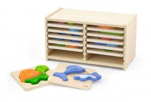Puzzle de blocs en bois -12 pièces avec étagère de rangement