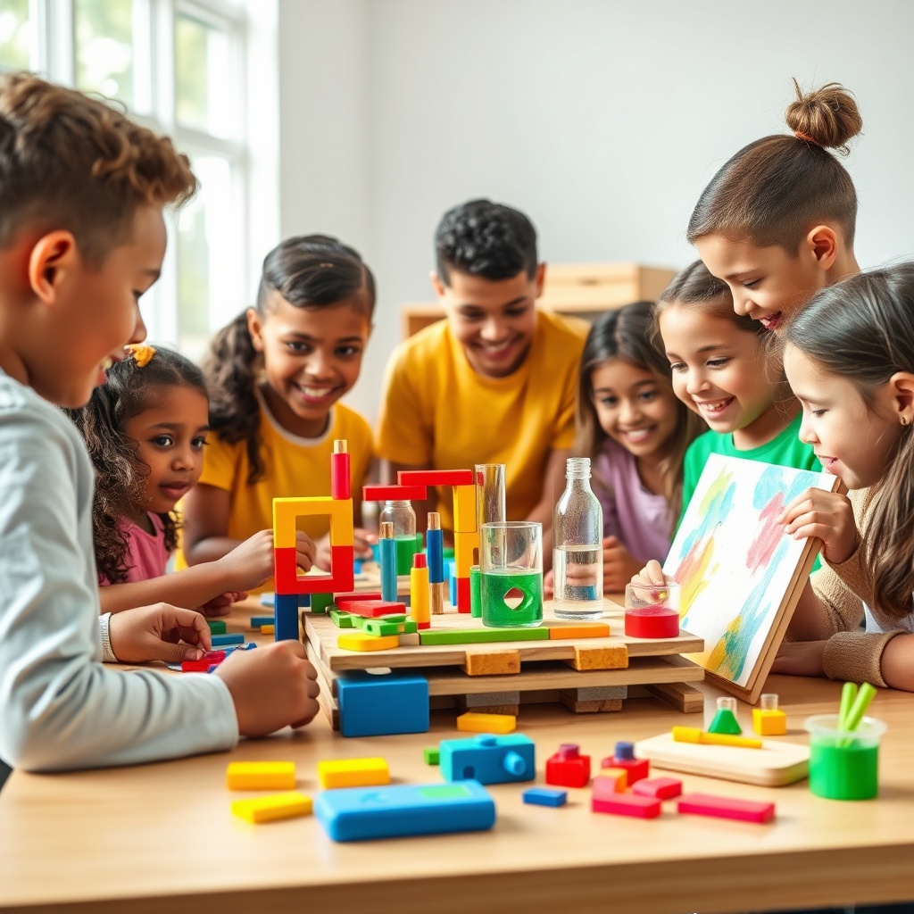 Enfants utilisant un kit STEAM modulaire écologique, représentant le Top jouets éducatifs : Les indispensables