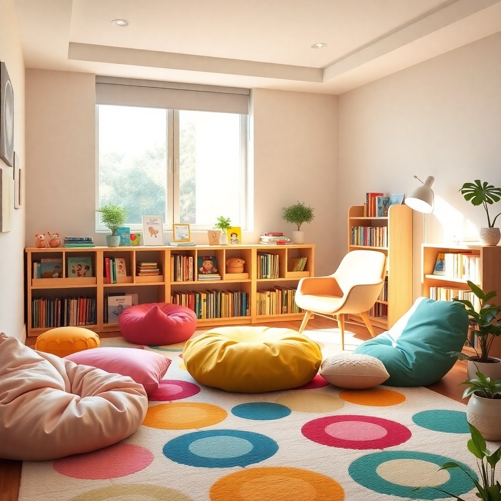 Aménager Un Coin Lecture Dans La Classe : Mobilier Et Accessoires Coin lecture confortable dans une classe aménagée avec du mobilier ergonomique et des accessoires colorés pour favoriser la lecture des élèves.