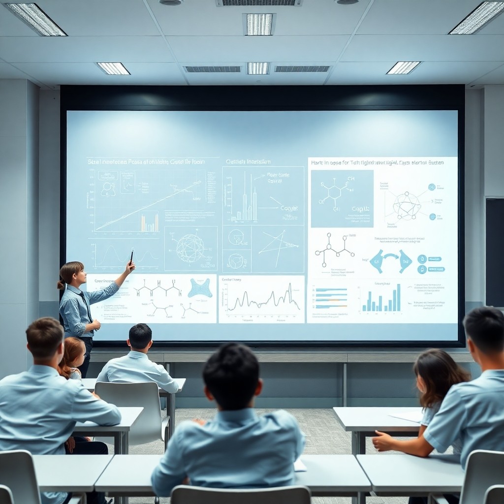 Écrans Interactifs Tactiles : Quelles Tailles Choisir Pour Chaque Niveau Scolaire Grand écran interactif tactile dans une salle de lycée pour l'enseignement scientifique et l'analyse de données complexes.