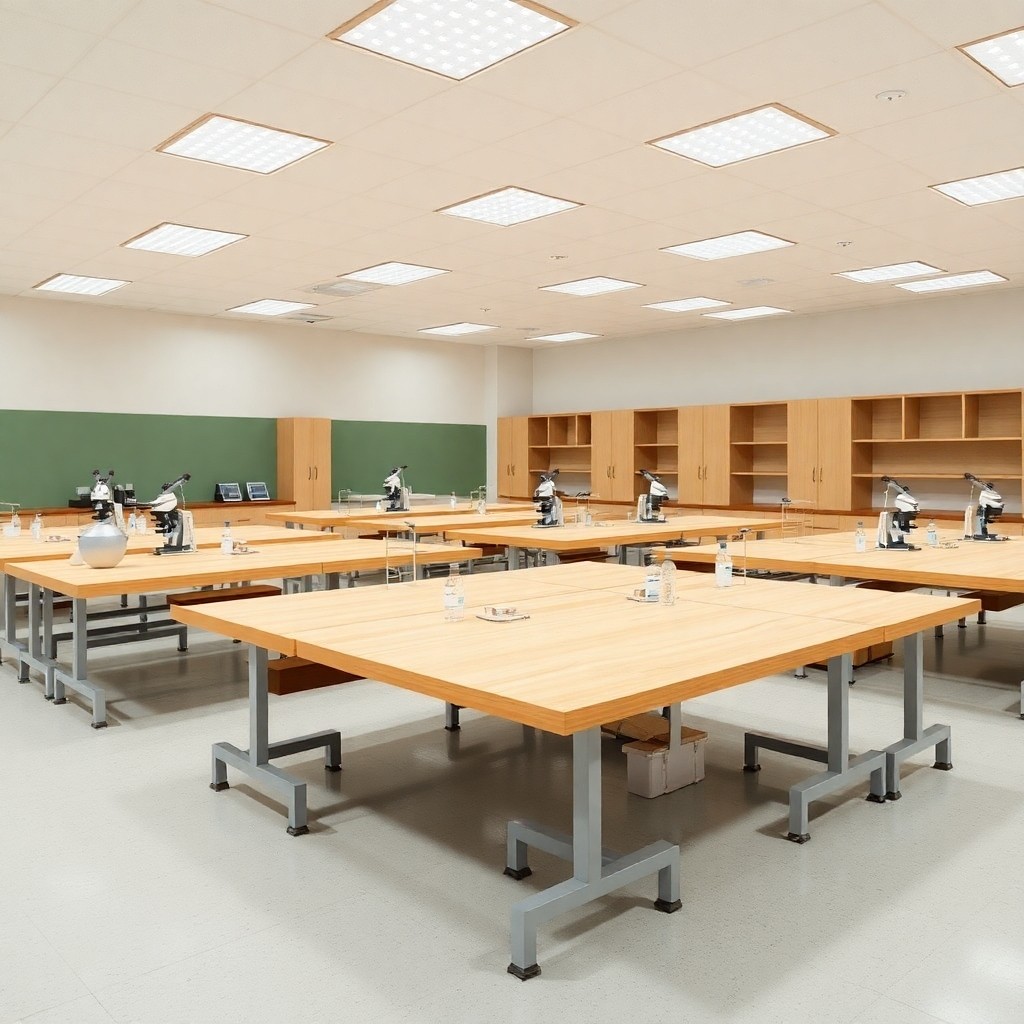 Comparatif 2026 : Tables Pliantes Vs Tables Fixes Pour Les Écoles Comparatif tables pliantes vs tables fixes pour les écoles – image showing robust fixed tables in a school lab meeting safety standards