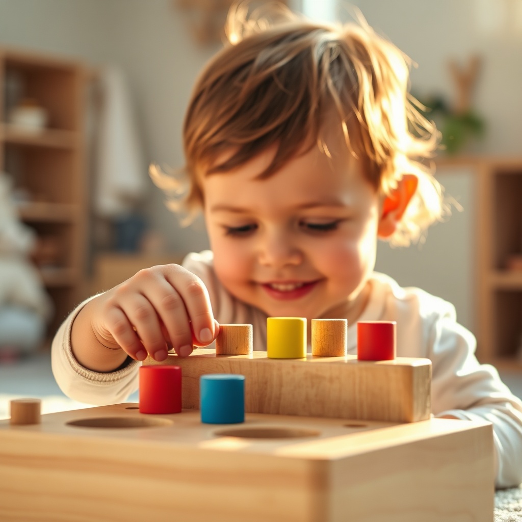 Enfant concentré manipulant des jouets éducatifs Montessori pour stimuler l'autonomie et l'apprentissage sensoriel.