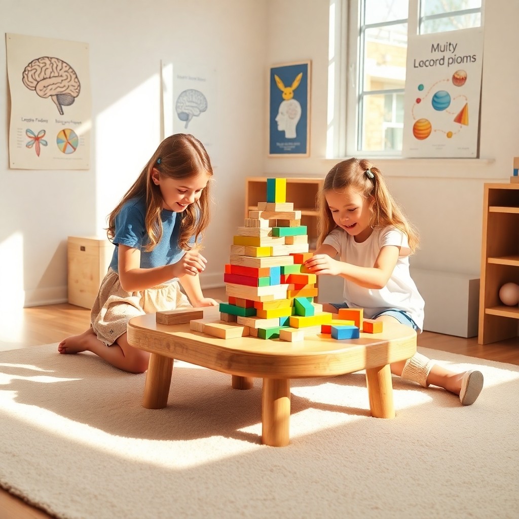 Les Bienfaits Des Jeux De Construction Pour Le Développement Cognitif Enfants illustrant les bienfaits des jeux de construction pour le développement cognitif en assemblant des blocs colorés dans une salle de jeu lumineuse