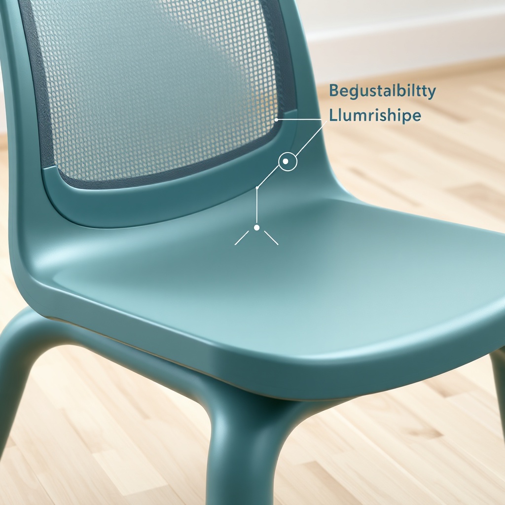 Détail d’une chaise ergonomique du Guide du mobilier scolaire ergonomique pour écoles primaires, illustrant le soutien lombaire, la réglabilité en hauteur et les matériaux durables.