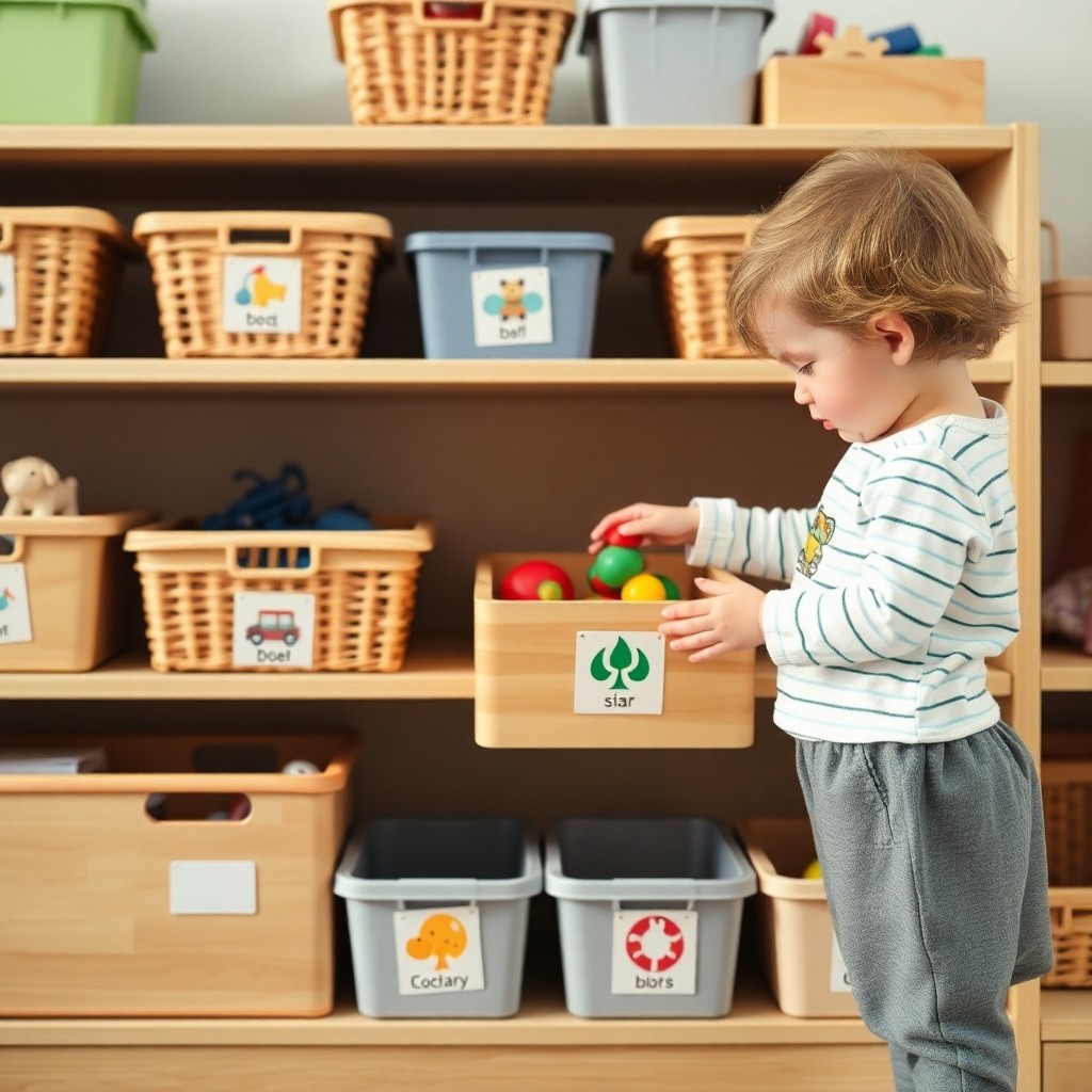 Organisation spatiale classe maternelle avec signalétique visuelle pour le rangement autonome