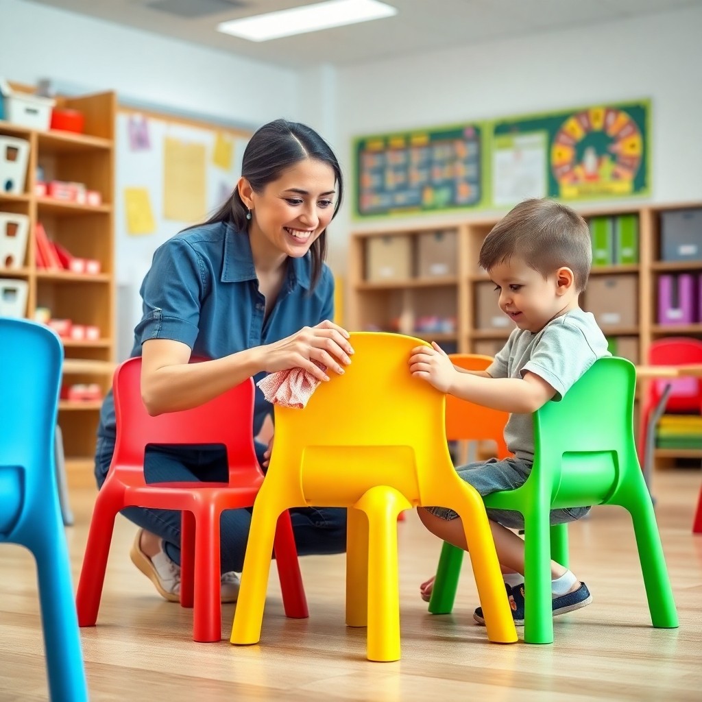 Comment Entretenir Et Prolonger La Durée De Vie Du Mobilier Scolaire Enseignant montrant aux élèves les gestes d'entretien des chaises afin de comprendre comment entretenir et prolonger la durée de vie du mobilier scolaire.