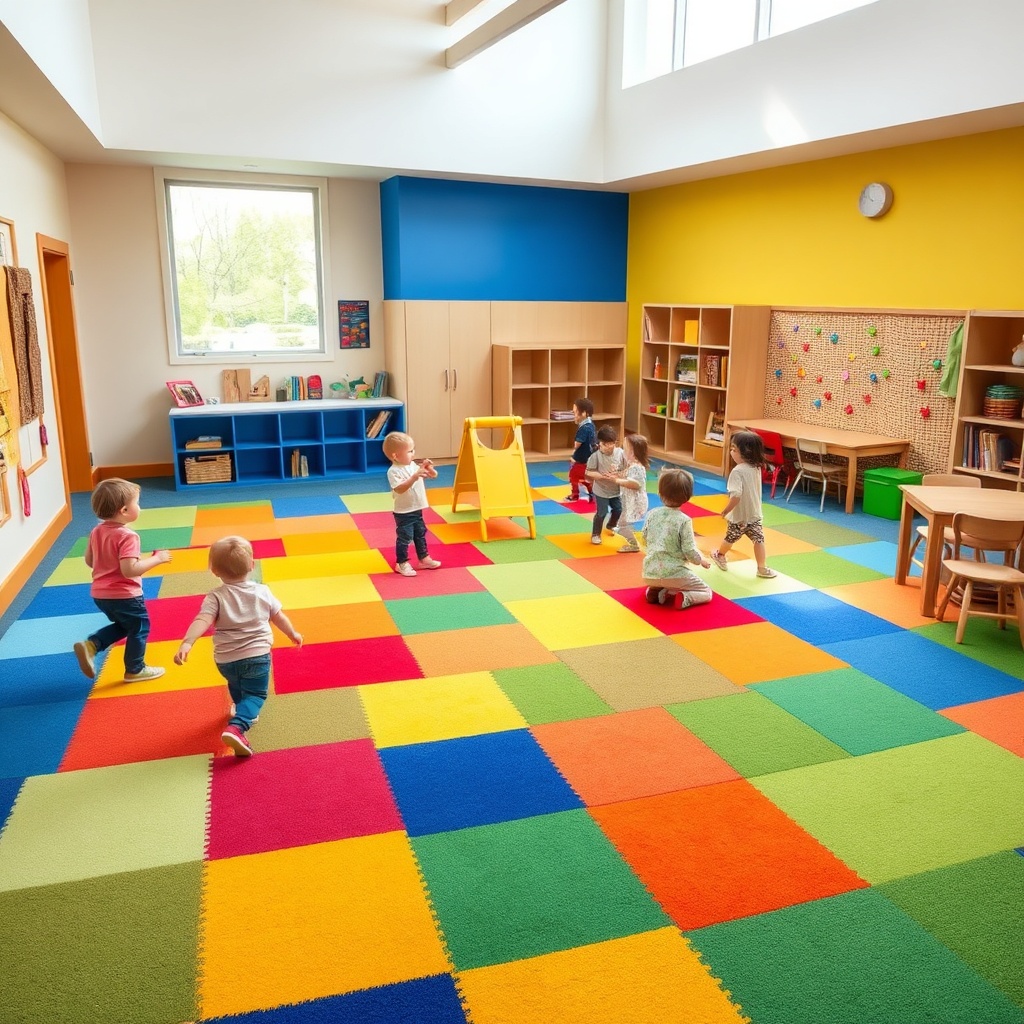 Idées d'aménagement classe maternelle ludique et durable avec tapis modulaires, espace de jeu et éléments sensoriels