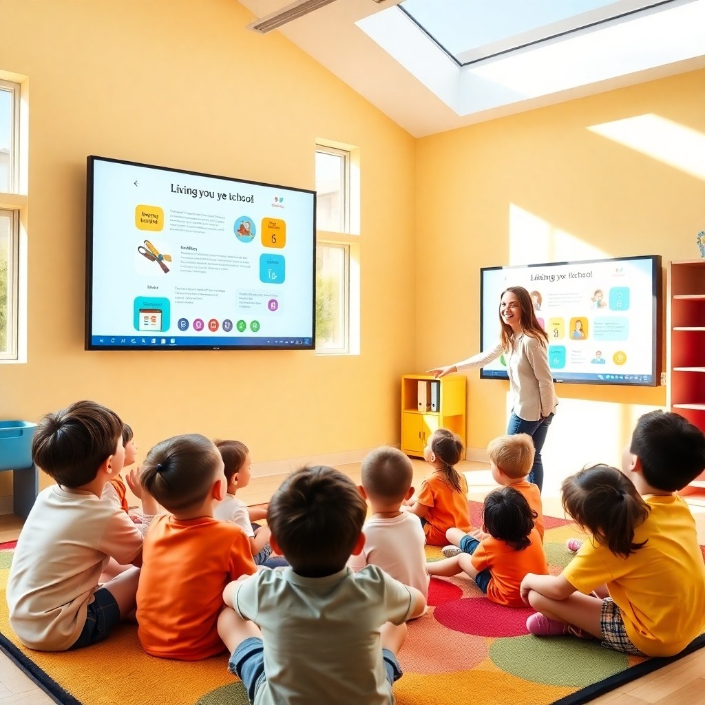 Écrans Interactifs Tactiles : Quelles Tailles Choisir Pour Chaque Niveau Scolaire Élèves de primaire utilisant un écran interactif tactile de taille optimale pour une meilleure lisibilité et interactivité en classe.