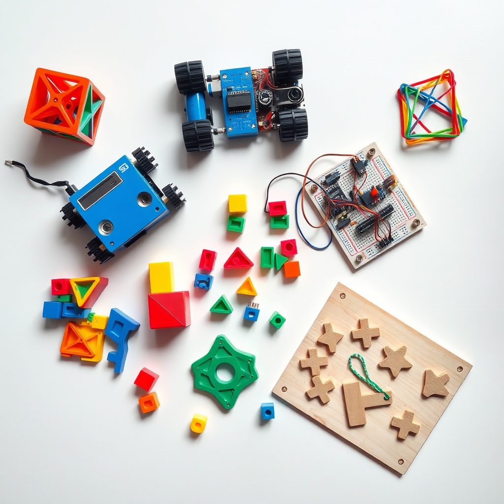 Assortiment de kits robotique et puzzles électroniques représentant une sélection de jouets éducatifs STEM pour développer logique.