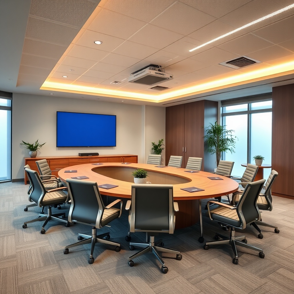 Exemple de rénovation salle de conférence : guide montrant une salle de réunion équipée de solutions audiovisuelles évolutives, d'un éclairage LED adaptatif et de matériaux à faible empreinte carbone