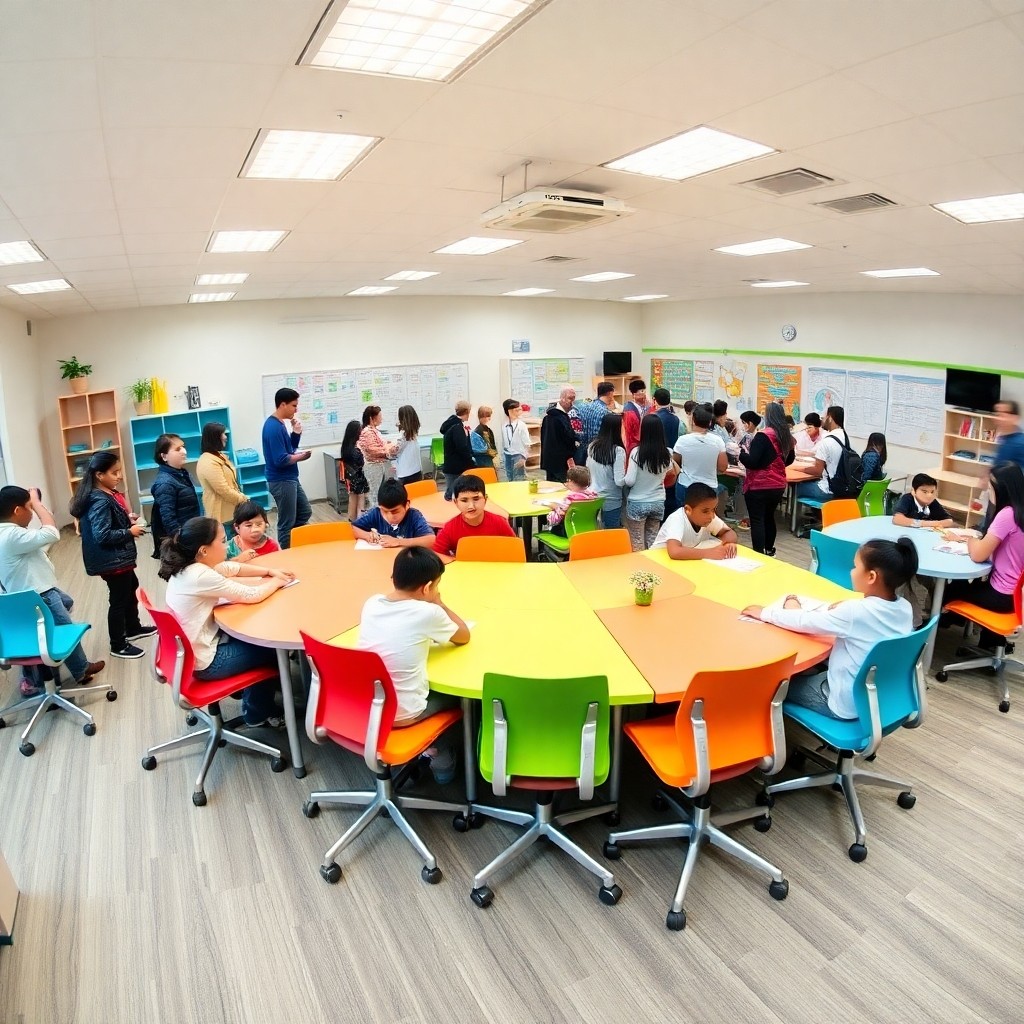Salle de classe moderne équipée de mobilier scolaire modulable et ergonomique facilitant l'apprentissage collaboratif et les pédagogies actives.