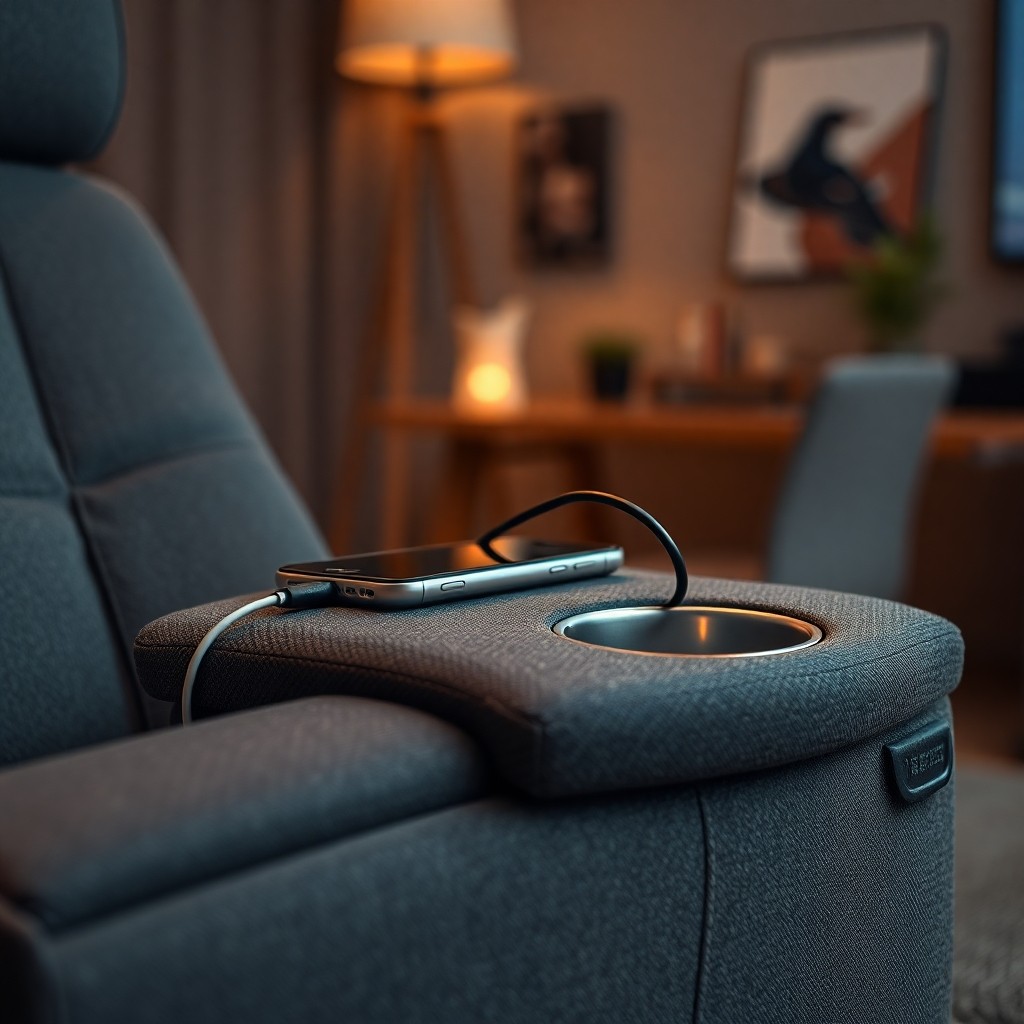 Mobilier De Bureau À Domicile : Chaises De Théâtre Pour Le Confort Détail d'un aménagement de mobilier de bureau à domicile avec chaises de théâtre confortables et connectées dotées de ports USB.