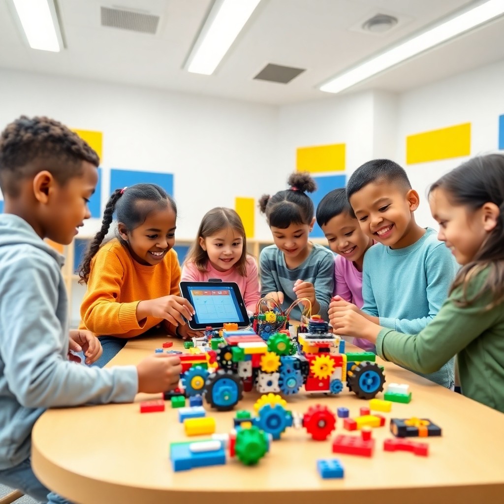 Enfants explorant des kits STEM créatifs avec des blocs de construction colorés et une tablette interactive dans une salle de classe moderne