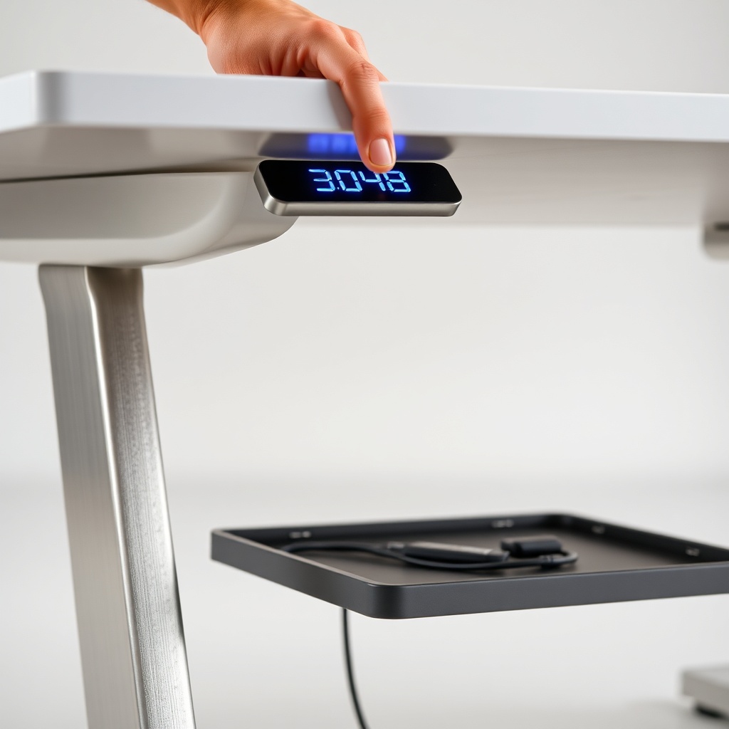 Bureau ergonomique professionnel ajustable en hauteur avec cadre en aluminium et panneau de contrôle tactile.