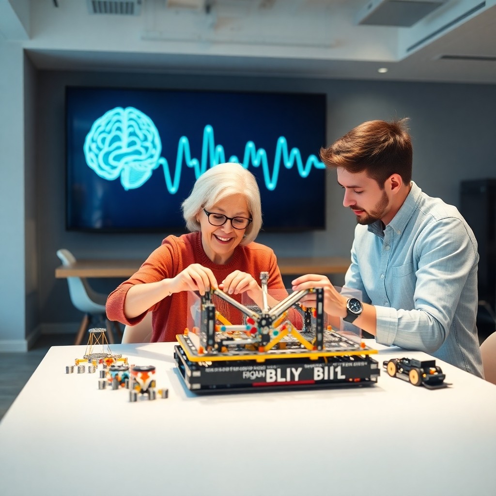 Les Bienfaits Des Jeux De Construction Pour Le Développement Cognitif Adultes montrant les bienfaits des jeux de construction pour le développement cognitif grâce à un kit STEM moderne dans un environnement lumineux