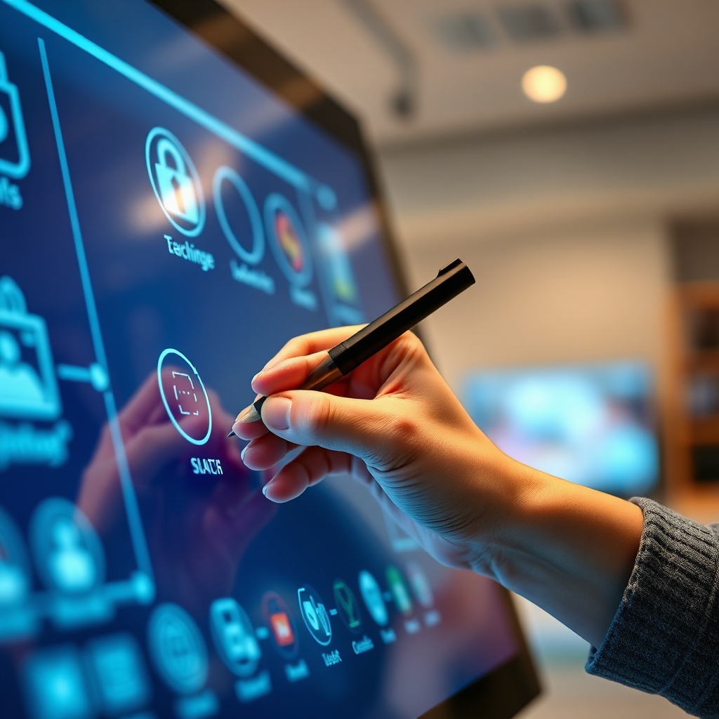 Close-up of a teacher interacting with a high-performance interactive screen, essential for choosing the best interactive school display technology.