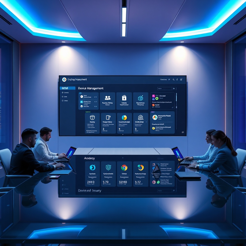 Salle de réunion d’entreprise avec un grand écran interactif tactile et des logiciels compatibles écrans interactifs tactiles, affichant une gestion sécurisée des appareils et l’IA collaborative
