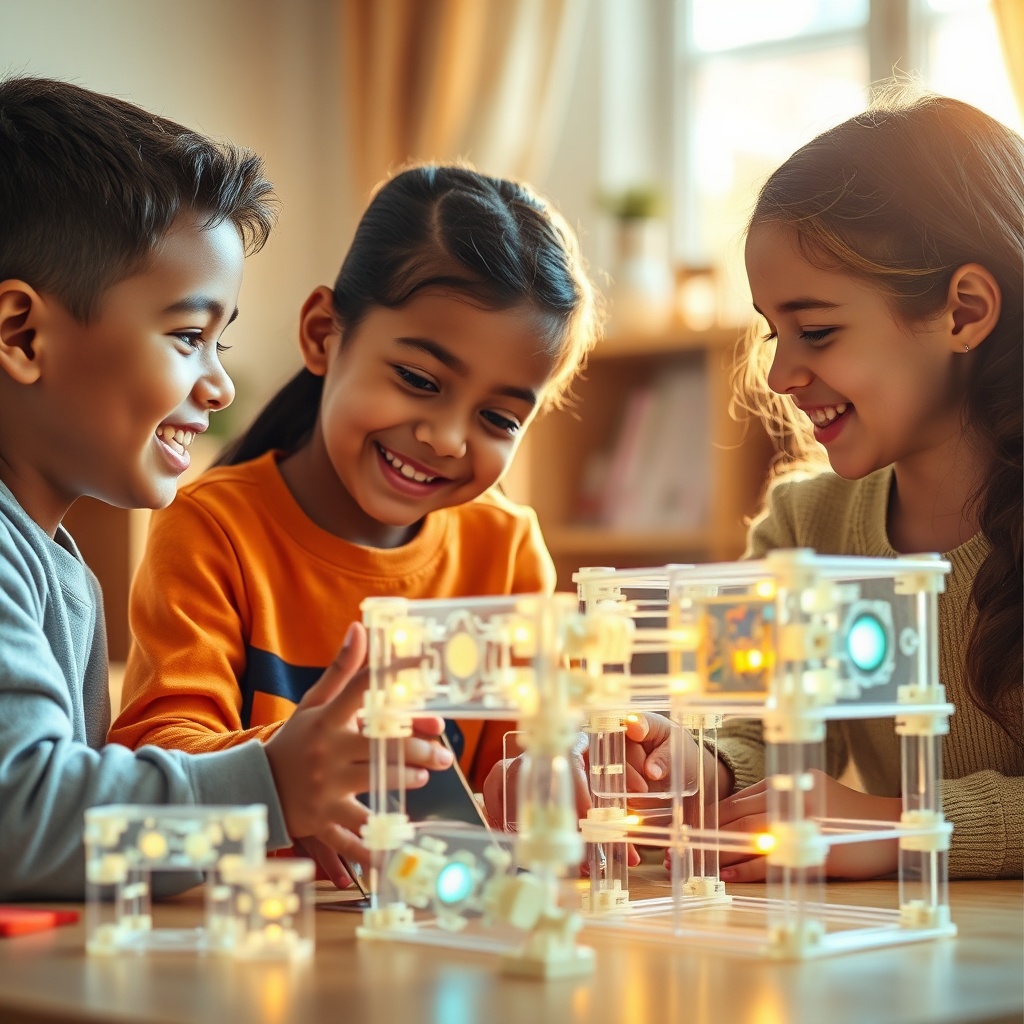 Enfants développant leur intelligence émotionnelle et compétences sociales avec des jouets éducatifs collaboratifs
