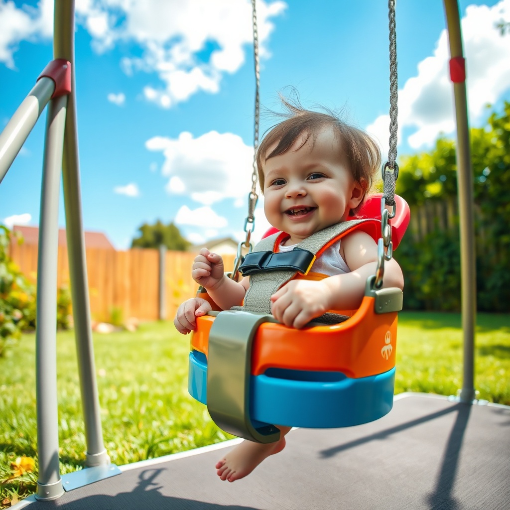 Balançoire Bébé Sécurité : 3 500 Accidents Par An Balançoire bébé sécurité avec harnais 5 points, enfant souriant dans un jardin sécurisé, zone dégagée et sol amortissant