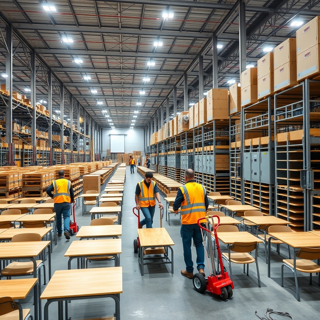 Warehouse stock of Moroccan school furniture ready for distribution, showcasing the supply chain of mobilier scolaire Maroc