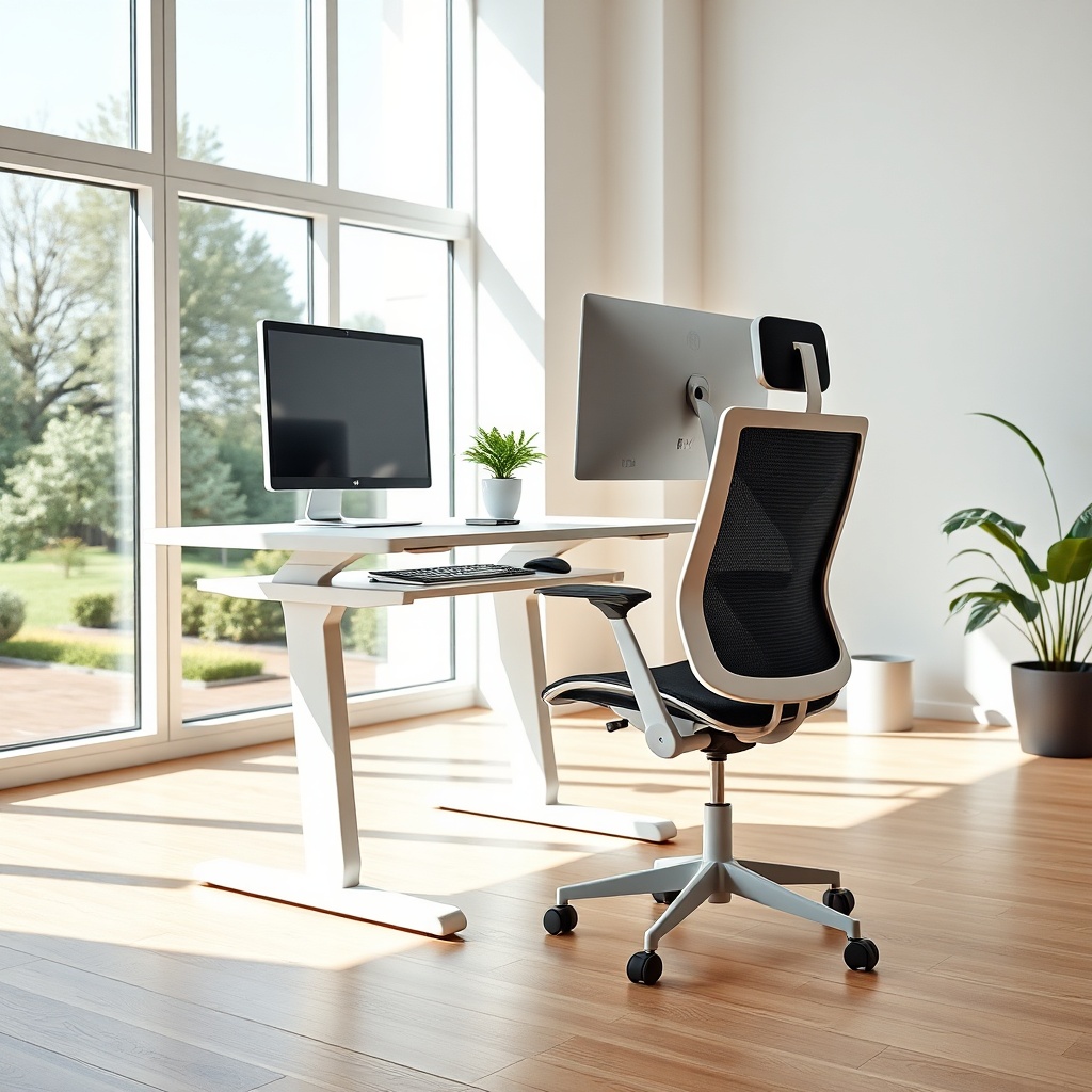 Aménagement Bureau Ergomique Modern office workspace showcasing mobilier de bureau ergonomique with adjustable standing desk, ergonomic chair, and dual monitors for optimal posture and productivity