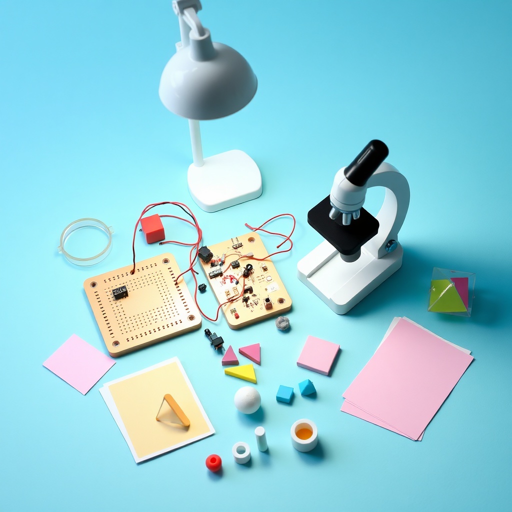 Kit de laboratoire miniature pour enfants avec microscope, circuit et formes magnétiques, montrant jouets éducatifs STEM pour découvrir la science et les mathématiques