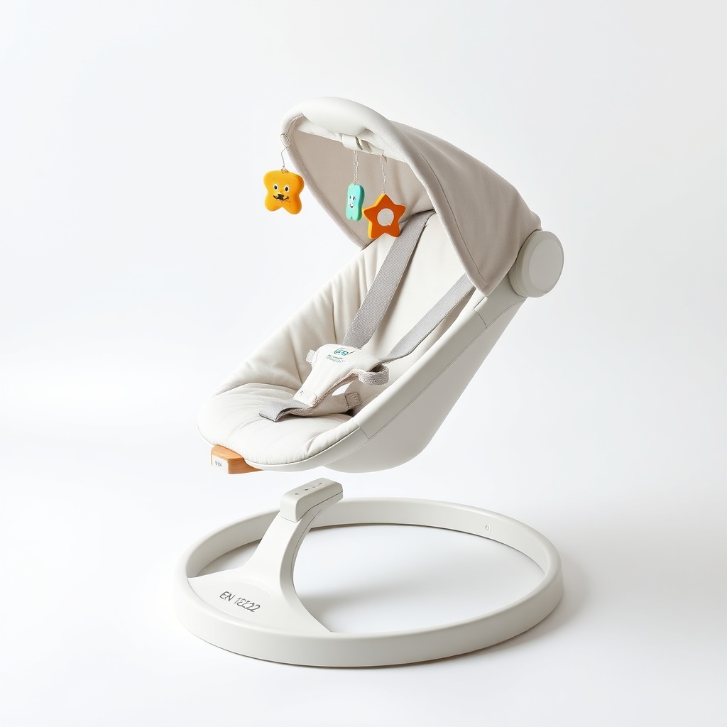 Balançoire bébé indispensable avec harnais de sécurité, positions inclinables, barre de jouets et télécommande, fond blanc, certifiée norme EN 16232