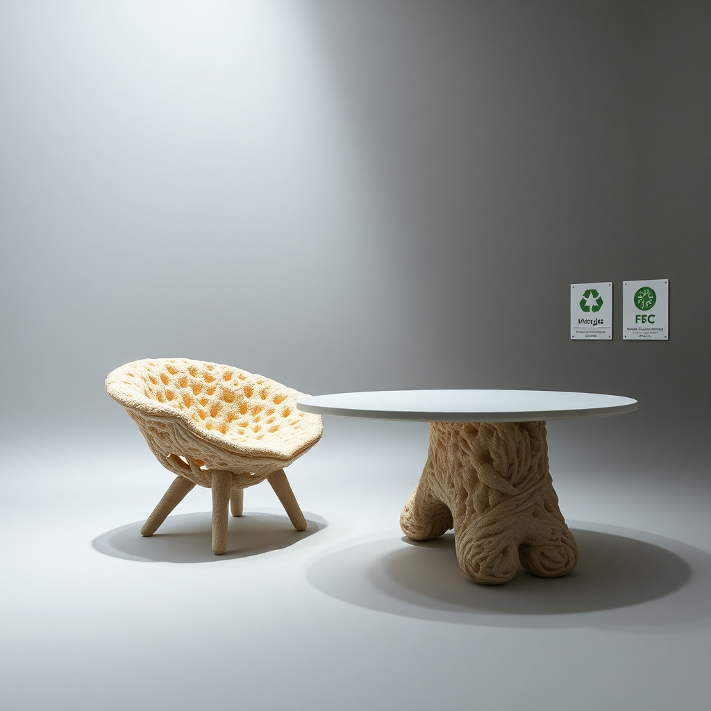 Atelier de création présentant du mobilier écologique en mycélium et impression 3D de biopolymères, symbolisant l'innovation durable et le design circulaire