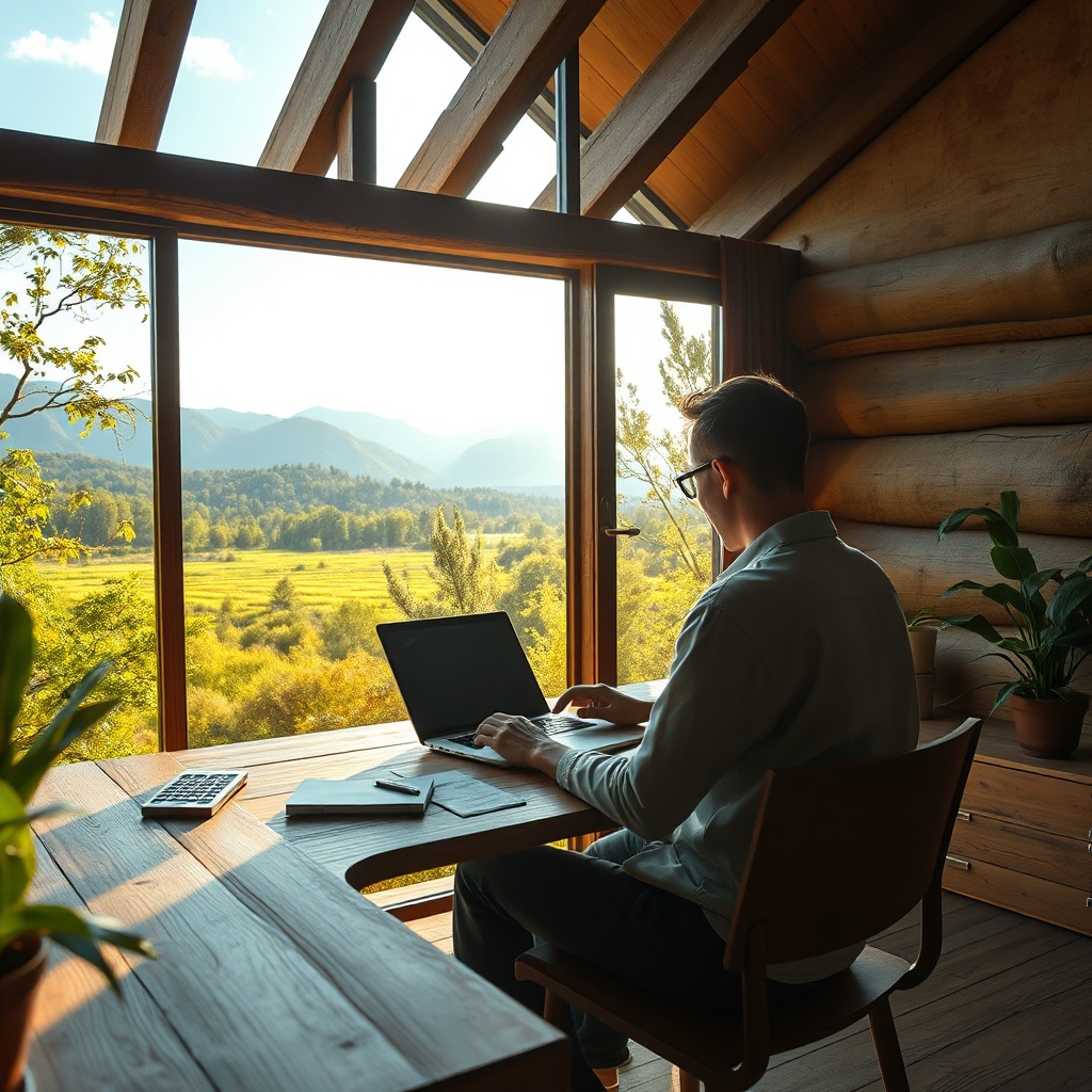 Espace de travail flexible en zone rurale illustrant le bien-être et l'équilibre vie professionnelle-vie personnelle en télétravail.