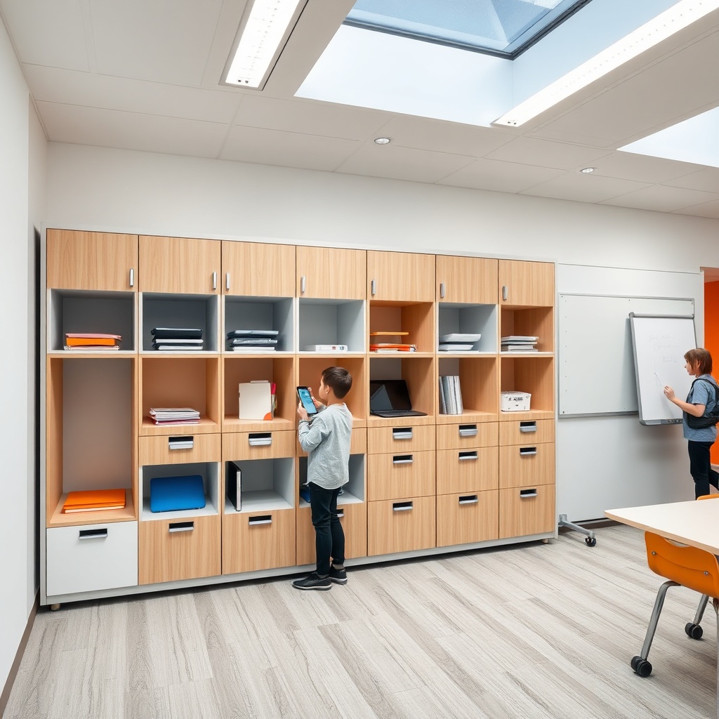 Rangement scolaire pratique et connecté avec casiers modulaires, espaces de recharge intégrés et solutions multifonctions pour optimiser la salle de classe