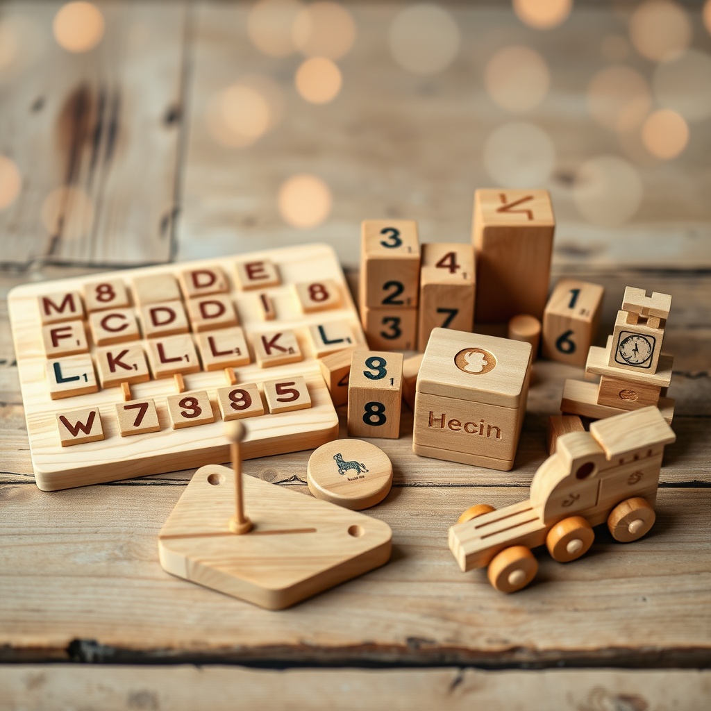 Collection de jouets en bois éducatifs artisanaux disposés sur une table en bois, mettant en avant leur durabilité et leur valeur pédagogique