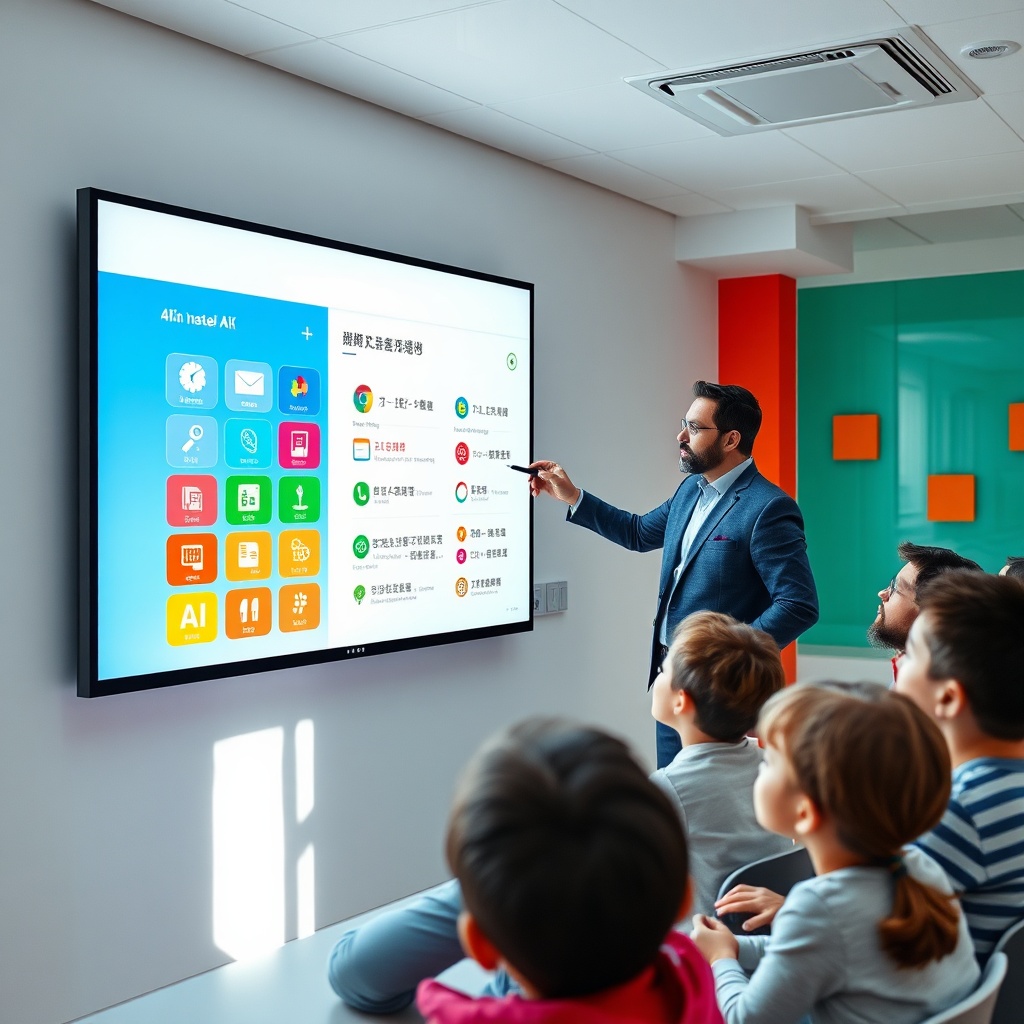 Salle de formation équipée d’écrans interactifs 2026 à haute résolution, où l’IA facilite l’apprentissage et la traduction en temps réel