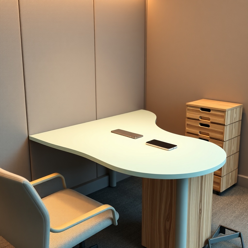 Mobilier de bureau durable avec surface en polymère recyclable, charge sans fil intégrée et rangement certifié FSC, représentant les solutions écologiques du mobilier de bureau