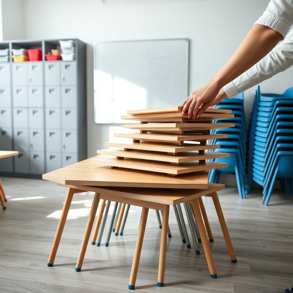 Rangement vertical et tables gigognes modulaires pour l'optimisation d'espace en classe, mobilier scolaire gain de place empilable et escamotable pour aménager une salle de classe flexible