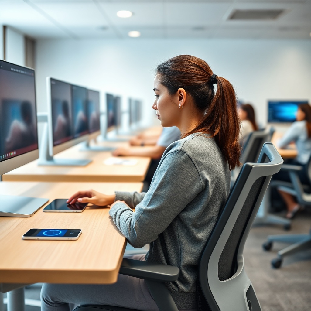 Student using height-adjustable ergonomic school desk with lumbar support chair for better posture and learning efficiency