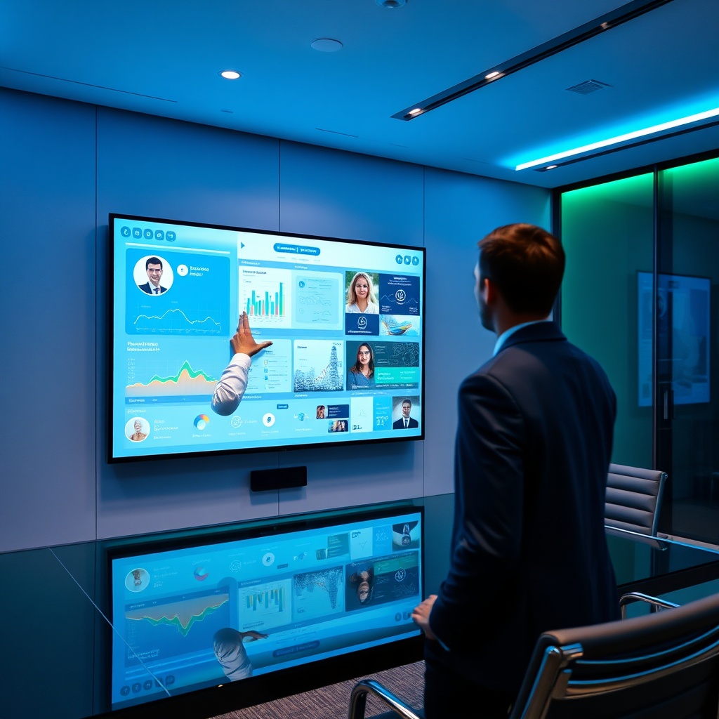 Corporate professionals collaborate on an écran interactif 2026 with OLED display, AI integration, and 5G connectivity