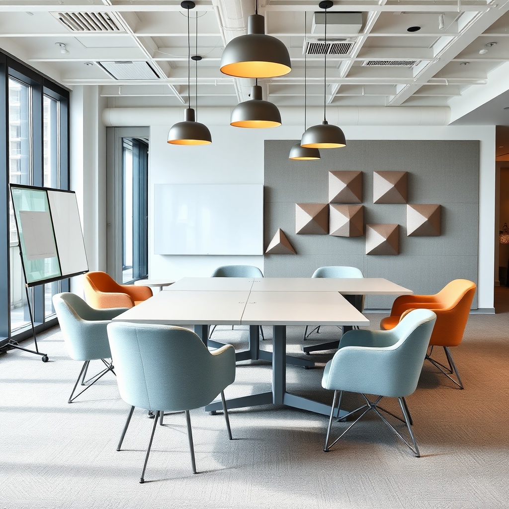 Aménagement de bureau collaboratif avec du mobilier de salle de réunion design modulable et des fauteuils colorés confortables