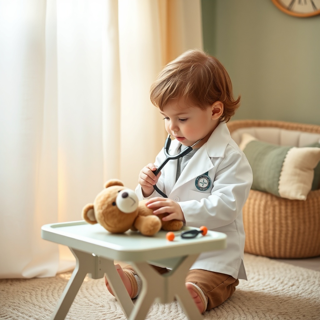 jeu d'imitation éducatif de docteur, enfant soignant un ours en peluche avec un stéthoscope, développement de l'empathie et du langage