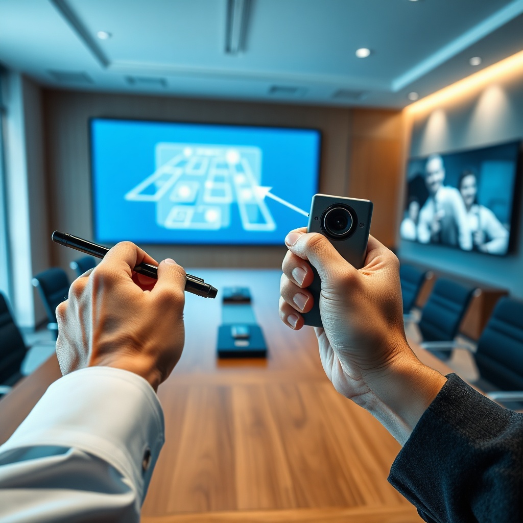 Latence tactile et précision : écran interactif vs vidéoprojecteur en réunion, avec stylet sur écran tactile et télécommande de projecteur