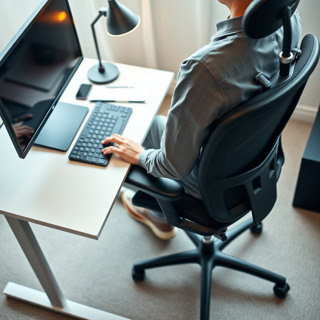 Aménagement Bureau Ergomique Close-up of a professional using mobilier de bureau ergonomique with proper posture, adjustable chair, and height-aligned desk setup for a healthy work environment