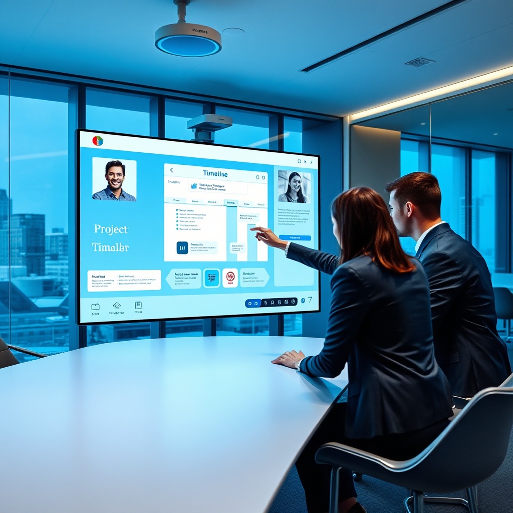 Tableau interactif professionnel en salle de réunion avec équipe collaborative et connectivité cloud, écran tactile pour présentations et visioconférence