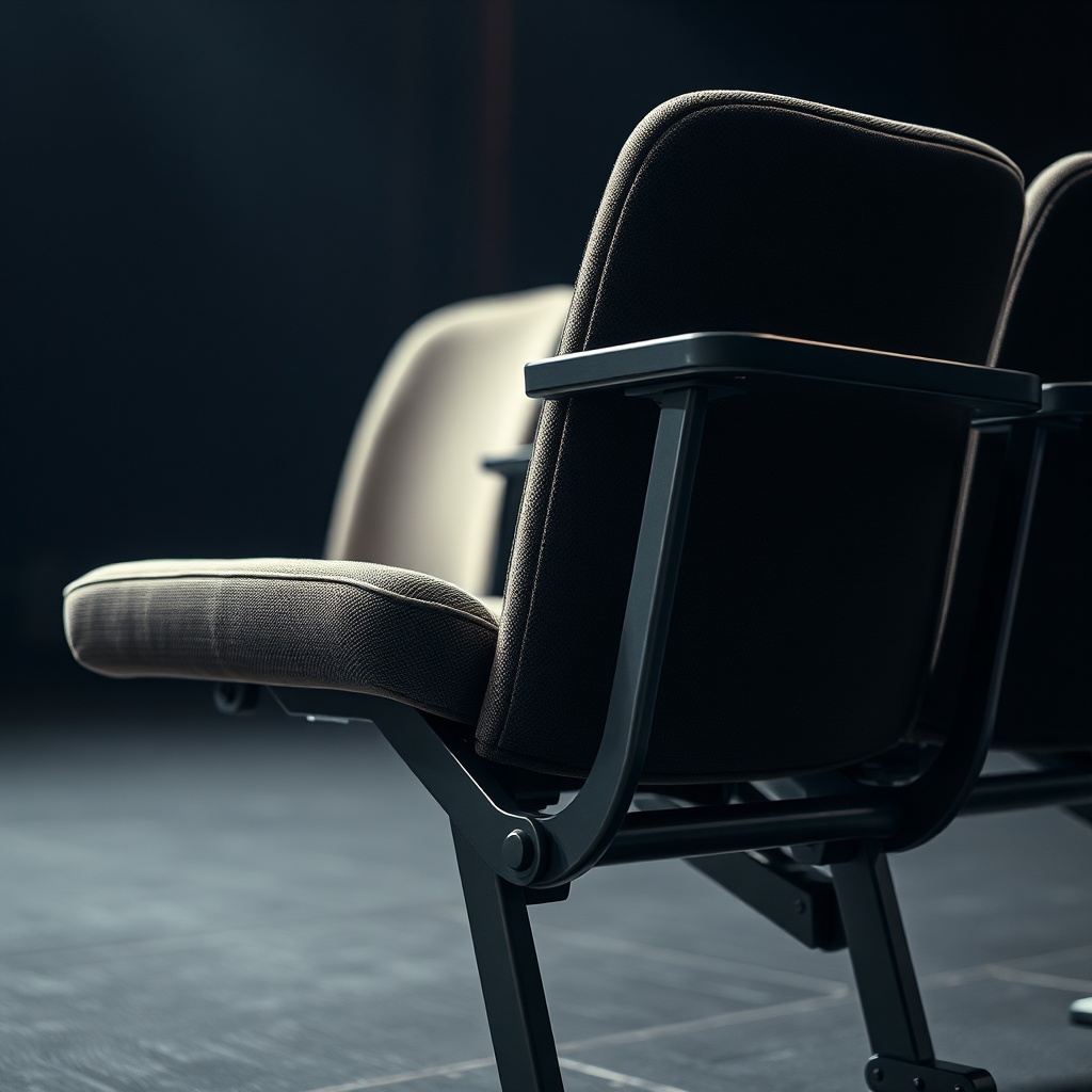 Plan rapproché sur une chaise de théâtre résistante illustrant la qualité des matériaux et la robustesse de la structure.