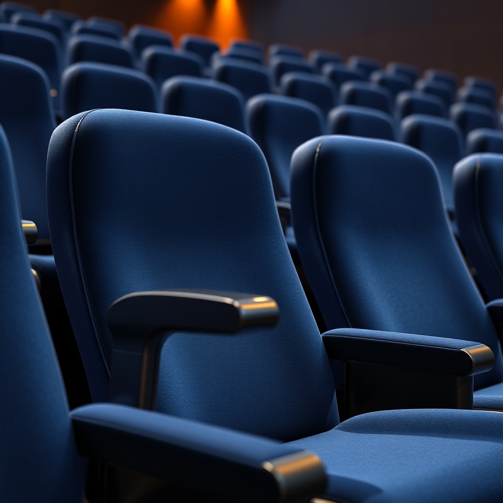 Guide Ultime Des Chaises Auditorium 2026 Chaise auditorium ergonomique bleue avec soutien lombaire dans une salle de spectacle moderne.