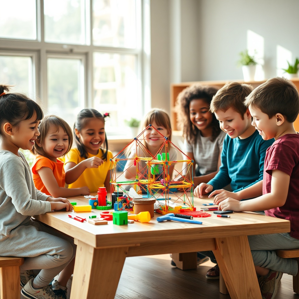 Children engaging with innovative and sustainable educational toys during a collaborative learning session