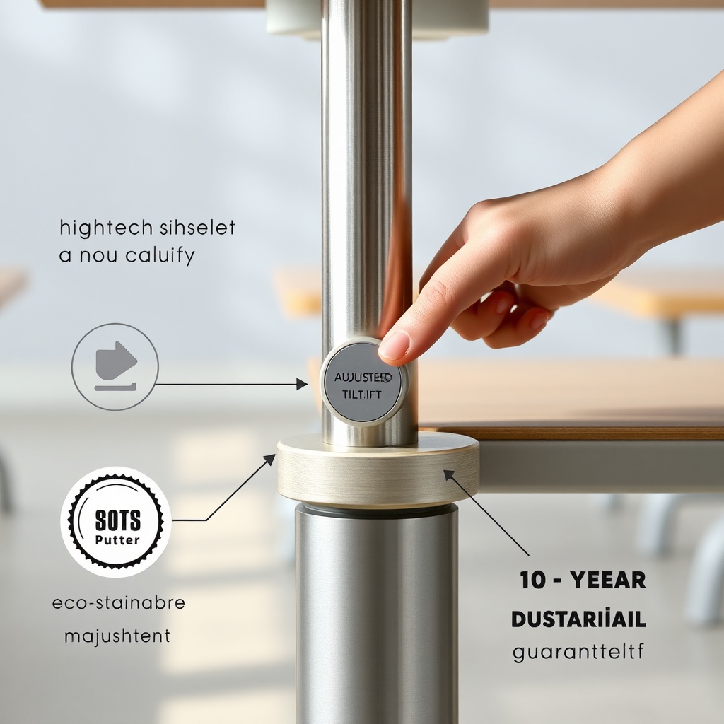 Détail du mécanisme d’ajustement d’un bureau scolaire ergonomique, montrant la technologie et les matériaux durables des bureaux écoliers ergonomiques