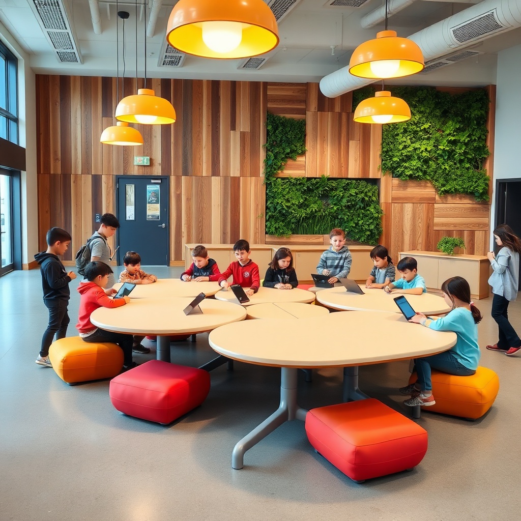 Espace d'apprentissage flexible avec mobilier scolaire modulable, tables recyclées, stations de charge intégrées et décor biophilique