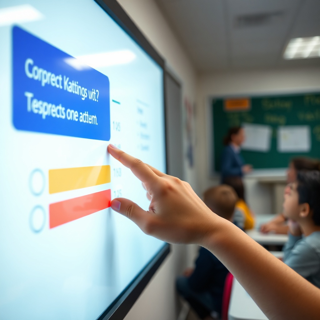 Élève interagissant avec un tableau interactif en classe, écran tactile éducatif