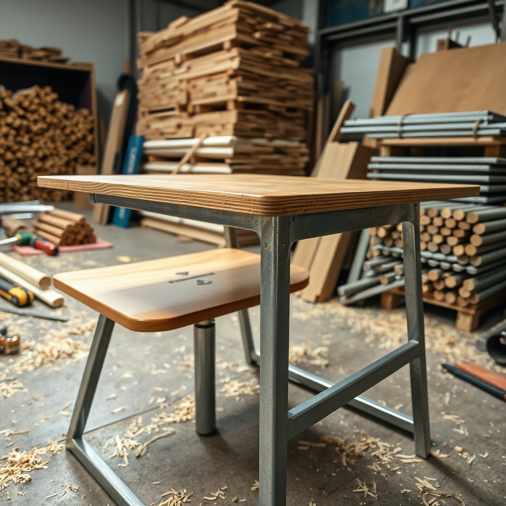 Détail d'un mobilier scolaire marocain en bois de peuplier et métal galvanisé, fabriqué localement, avec des finitions robustes et conformes aux normes de sécurité.