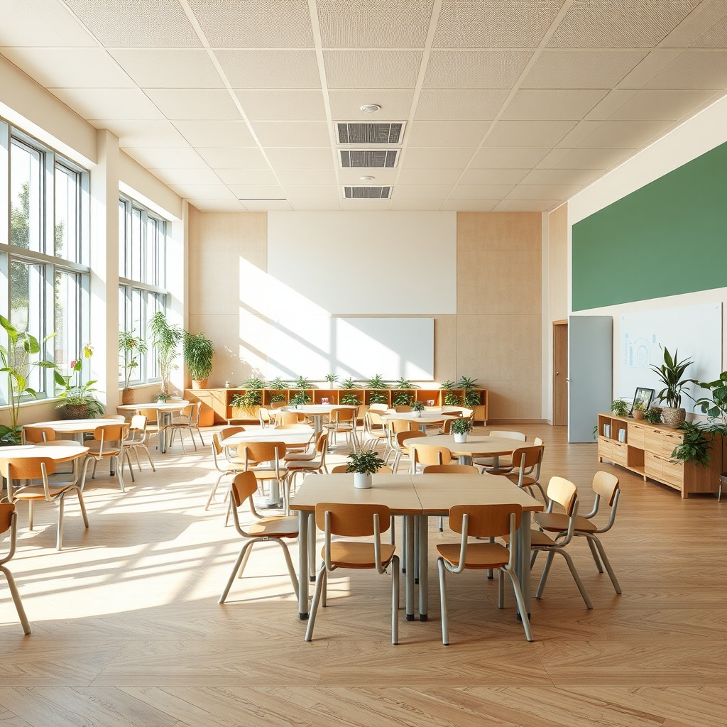 Salle de classe optimisée avec du mobilier scolaire durable en matériaux renouvelables et recyclés, favorisant l'ergonomie adaptative et l'économie circulaire pour un apprentissage responsable.