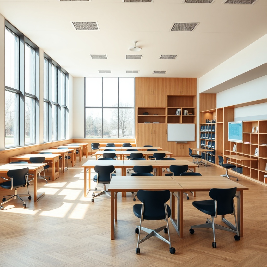 Pourquoi Opter Pour Du Mobilier Scolaire Sur Mesure ? Classe moderne optimisée grâce à un mobilier scolaire sur mesure qui épouse les contraintes architecturales pour transformer les espaces contraints en zones d'apprentissage flexibles et collaboratives.